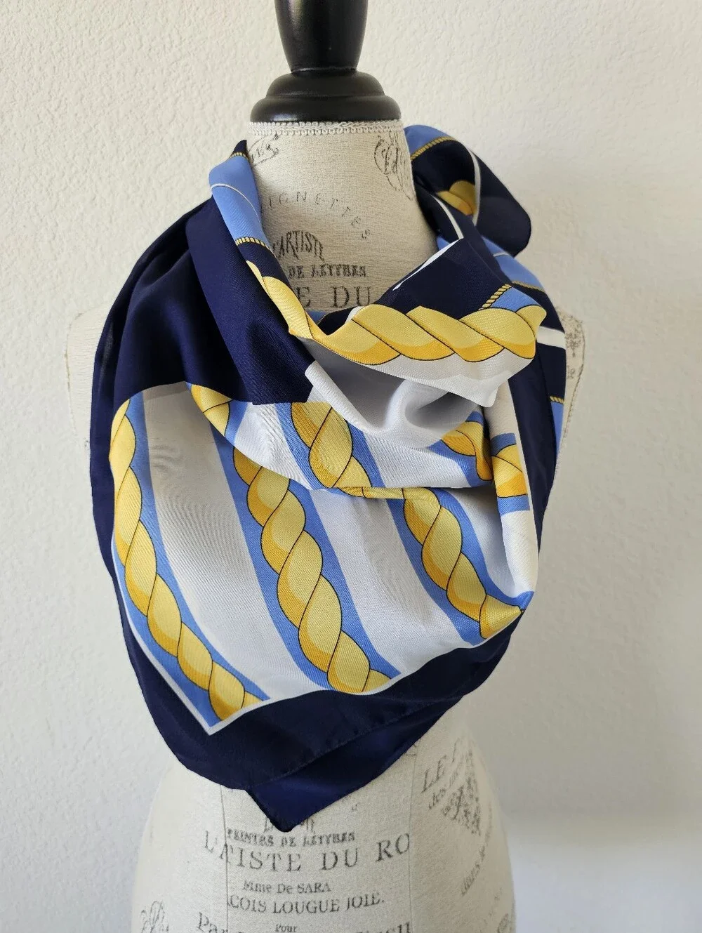 Vintage Nautical Square Scarf Gold Rope Link Navy Blue Sky Blue White 31x31​